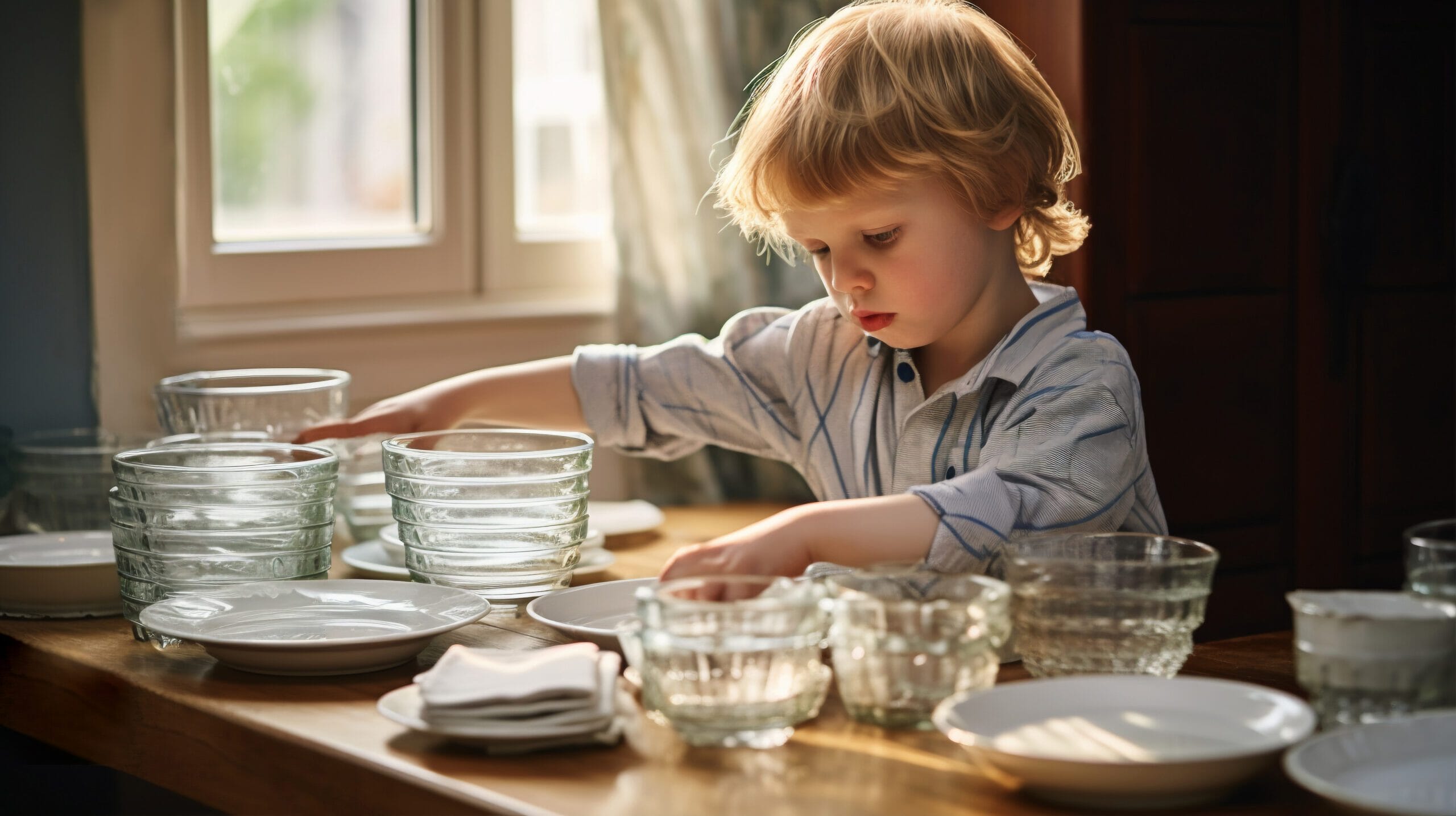 Boy preparing the table at home