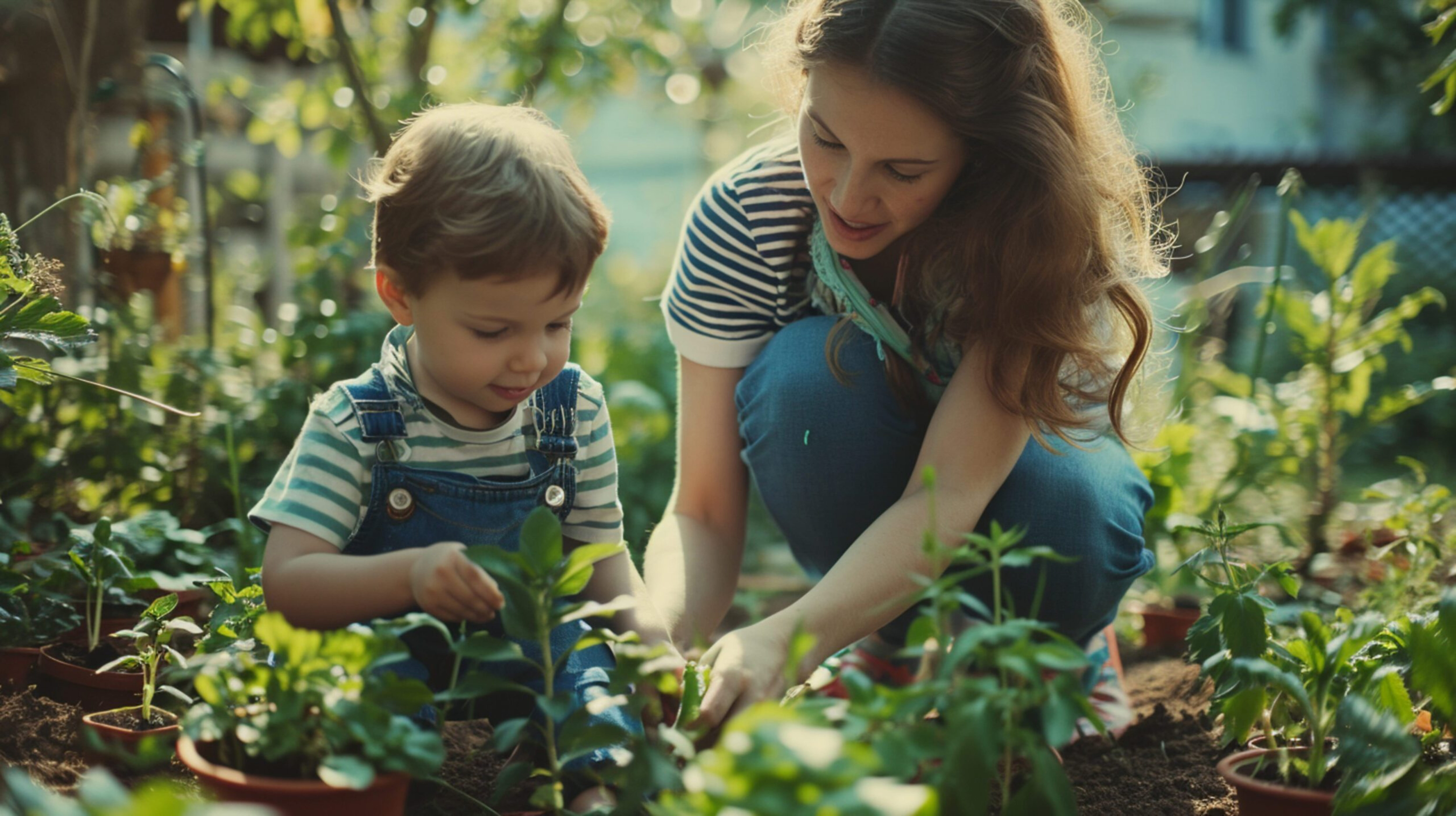 Nursery Practitioner helping a child harvest some plants