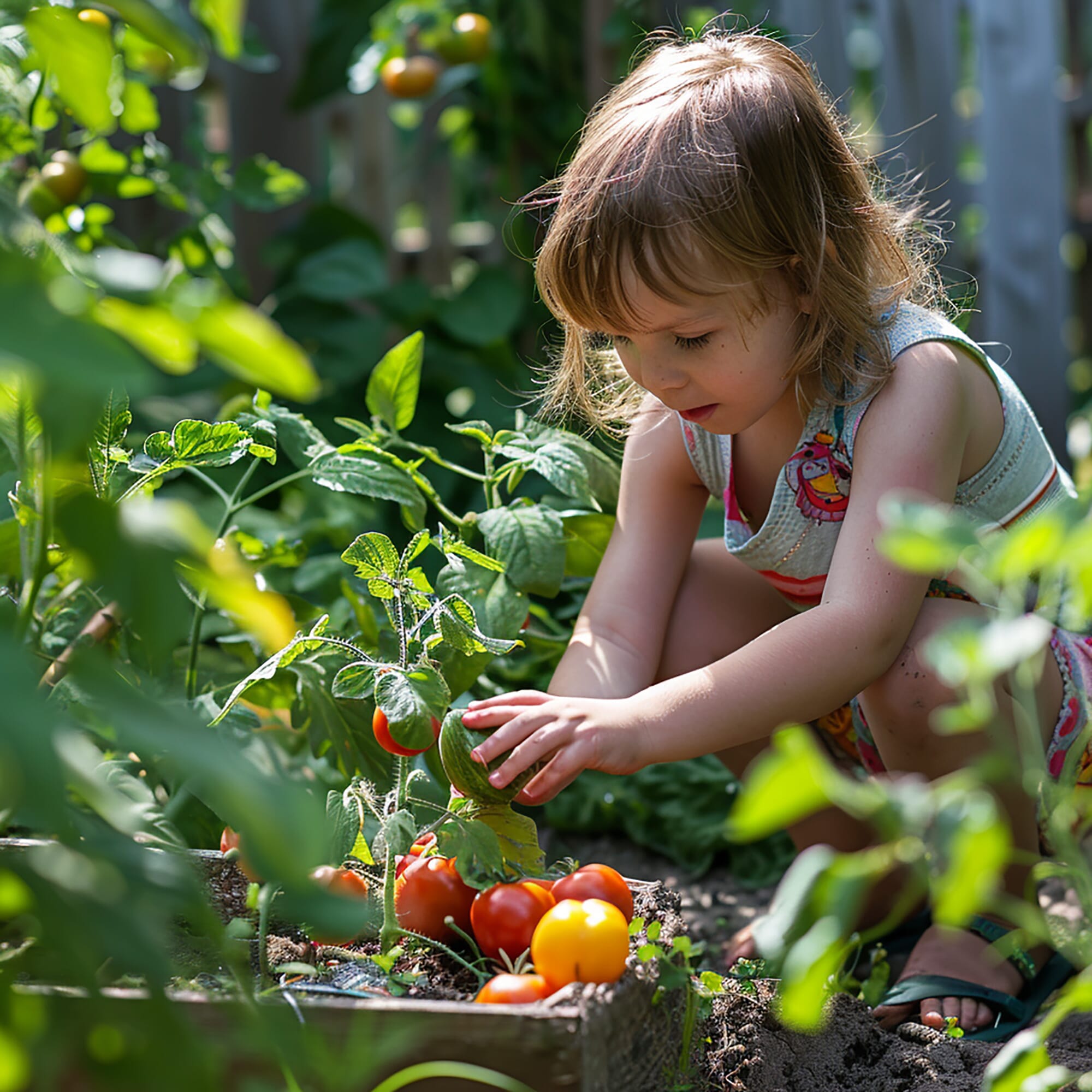 Child harvesting fresh tomatoes and vegetables from a nursery allotment