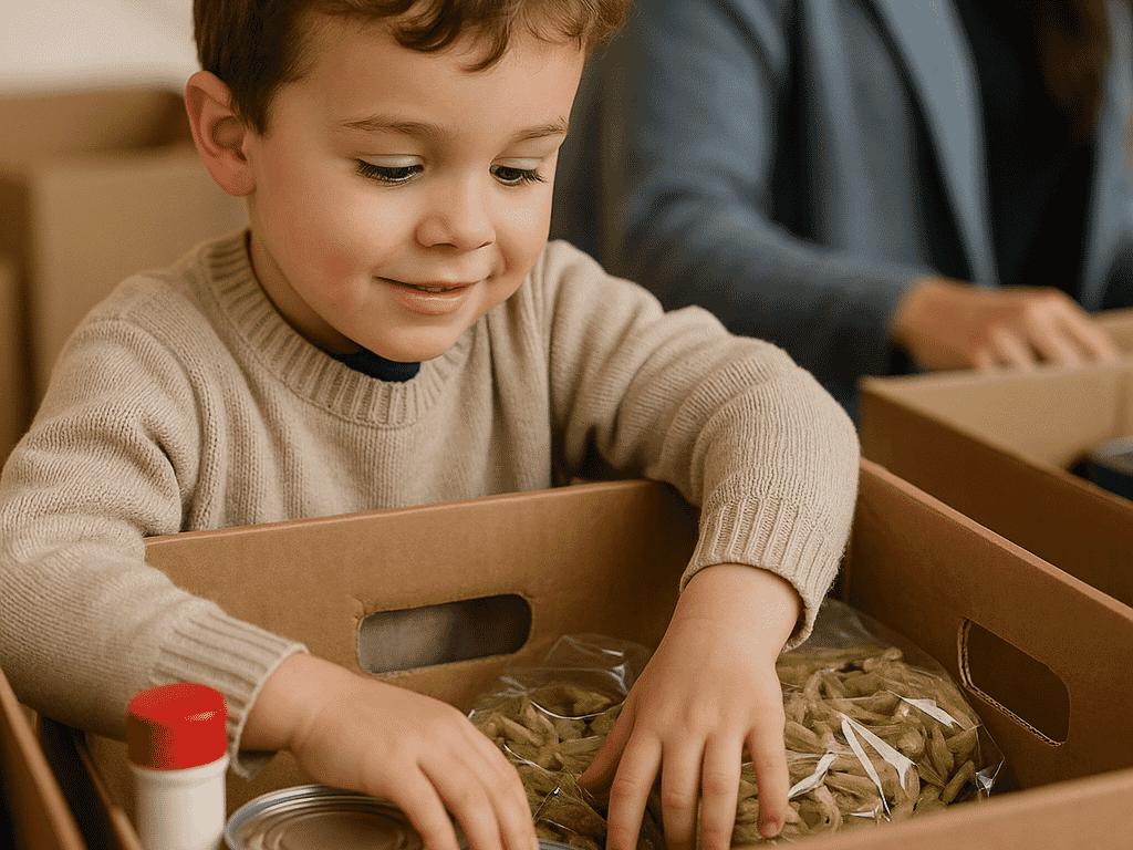 Child filling a box with food for the food bank