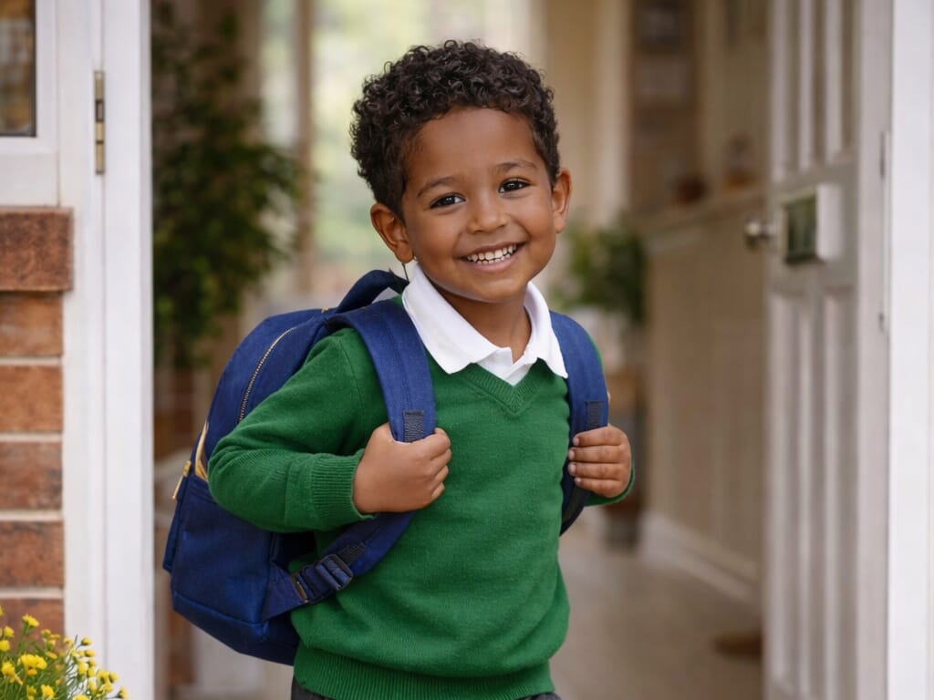 Young boy leaving for school
