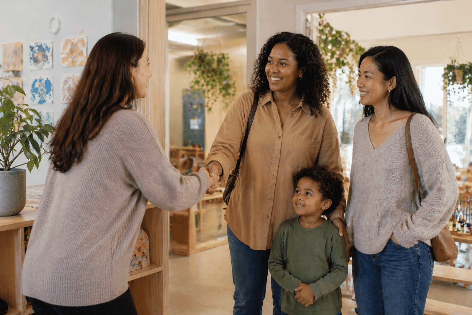 Mothers with their child at nursery, greeting a practitioner