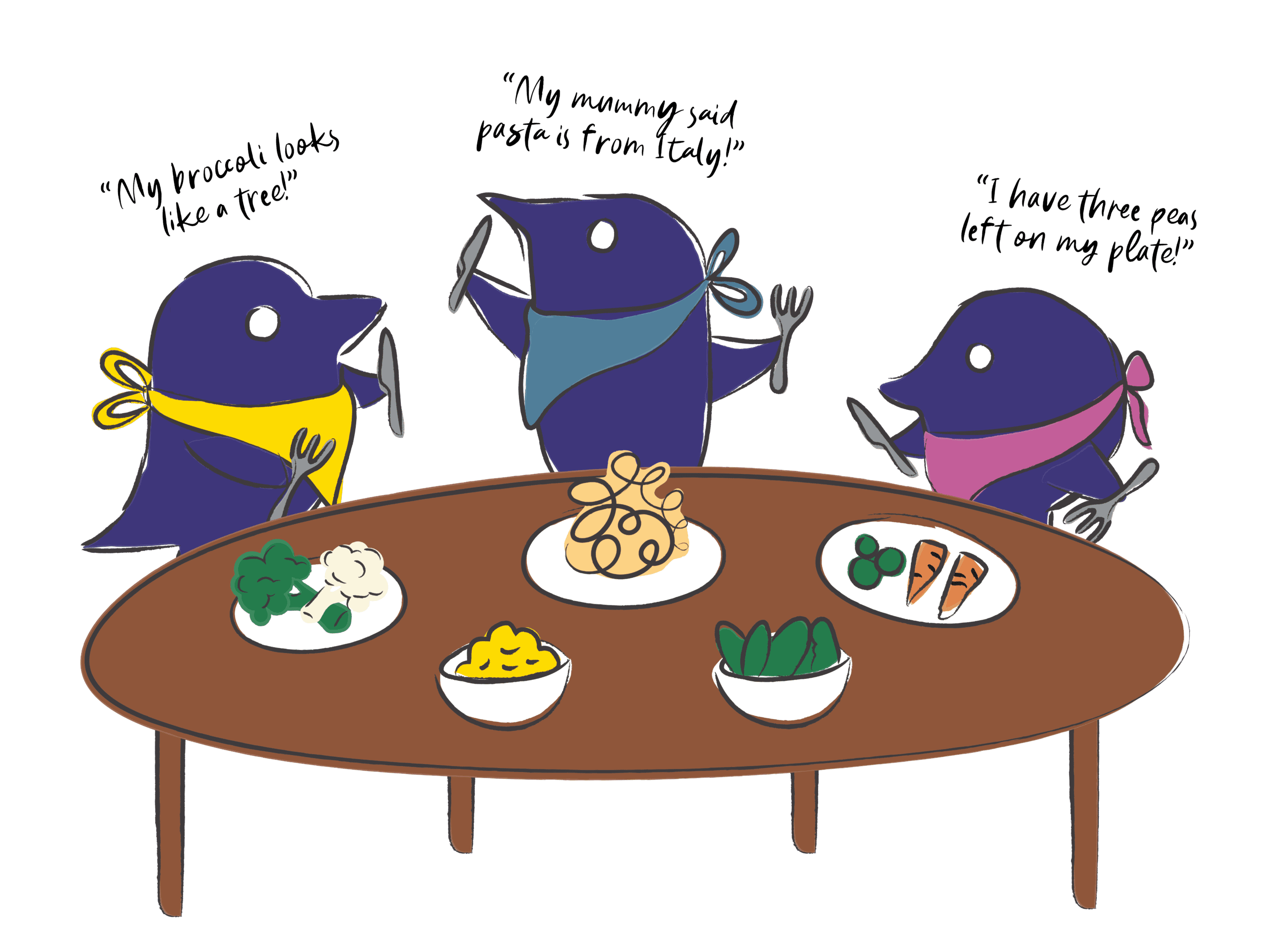 Jackdaws eating dinner around a table